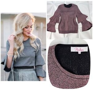 Parker Sz XS Pink Metallic Ruffled Sleeve Sweater Marled Knit Top Blouse Womens